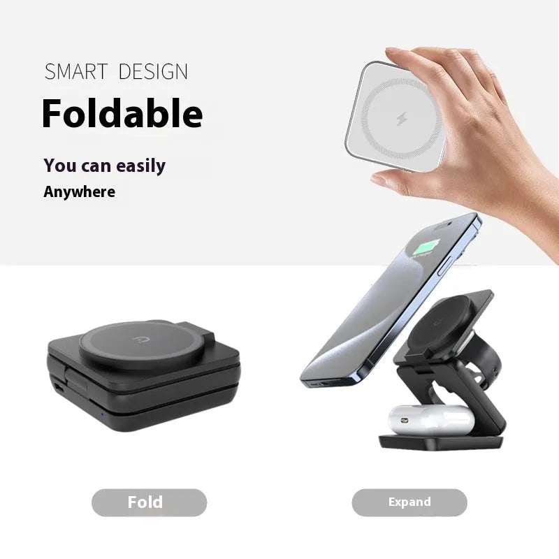 White foldable magnetic wireless phone charger holder with 360-degree rotating base on a desk.