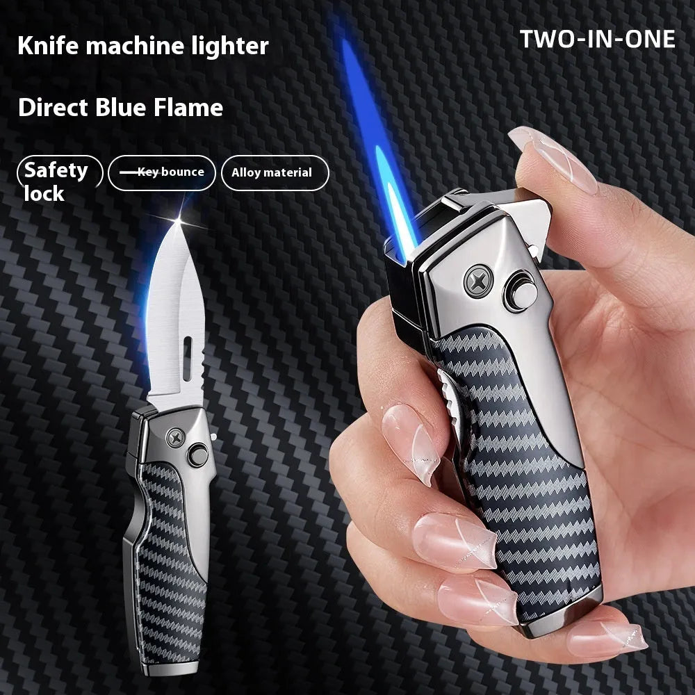 Metal folding knife lighter in camouflage finish showing unfolded blade and jet flame