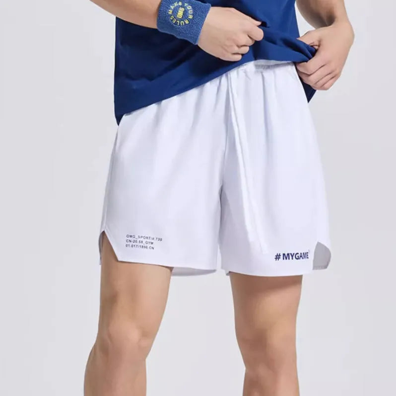 Men's fitness training shorts in blue, black, grey, or white made from polyester and spandex fabric.