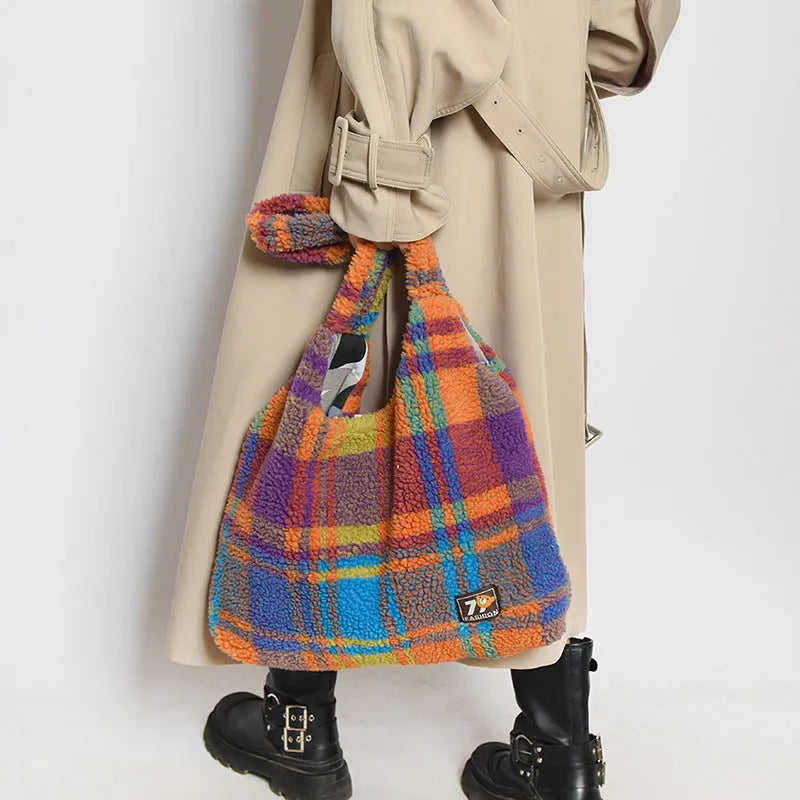 Women's plaid crossbody shoulder bag in soft plush material showing orange, purple and army green colour options