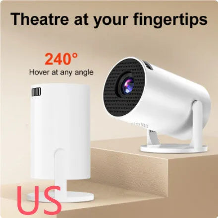 White mini portable wireless projector showing 1080p HD resolution and same-screen mirroring capability