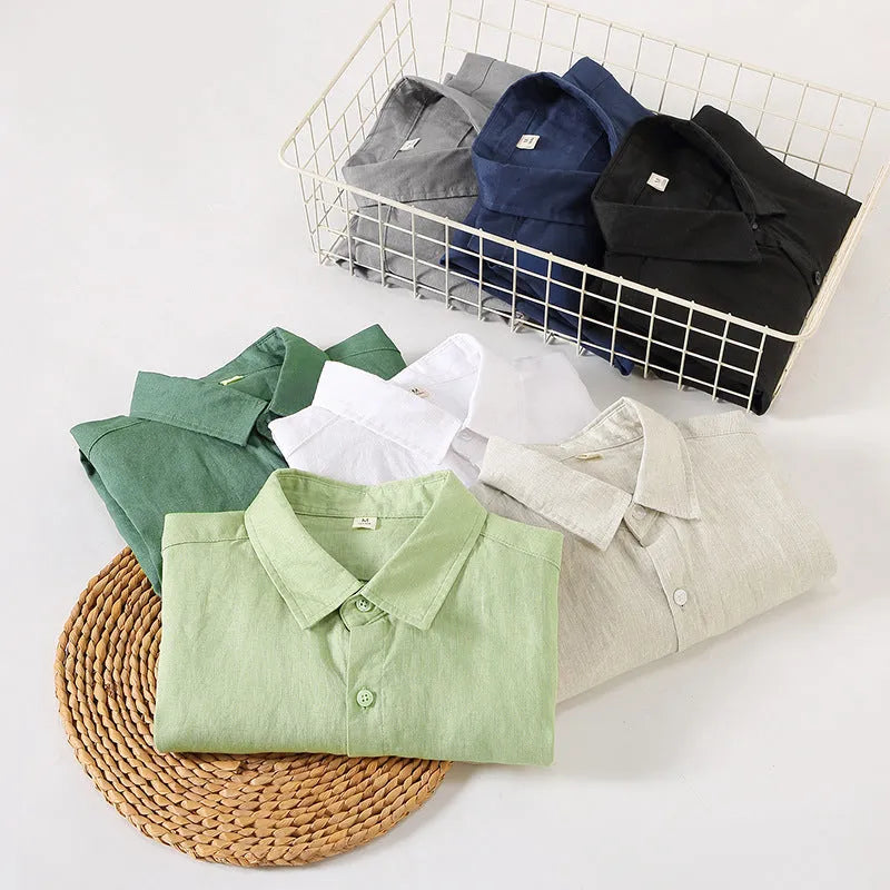 Long sleeve linen cardigan shirt in Chinese style, shown in a loose fit on a person.