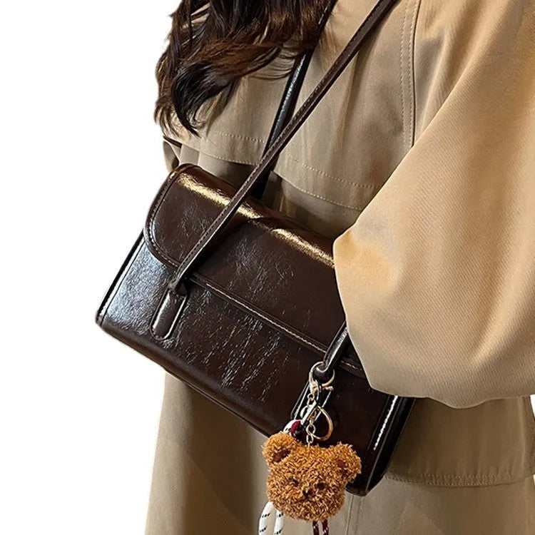 Women's brown Maillard PU leather shoulder bag with square design and pendant detail