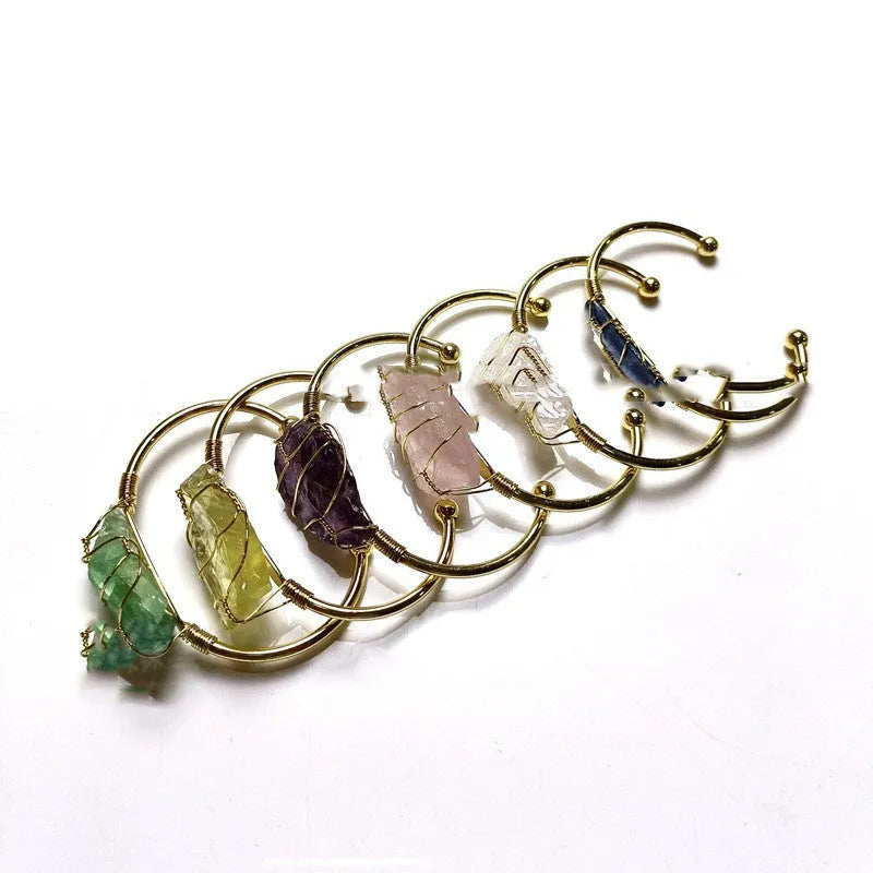 Natural crystal rough stone bracelet with gold winding geometric design in mixed colours