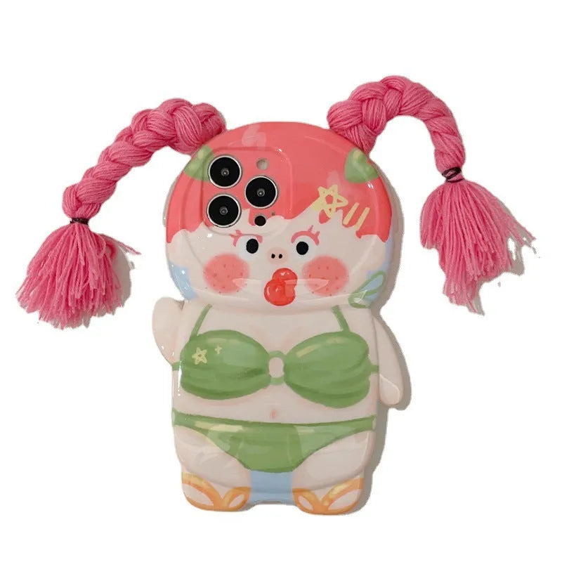 Pink and green silicone iPhone case with summer braid swimsuit girl cartoon design