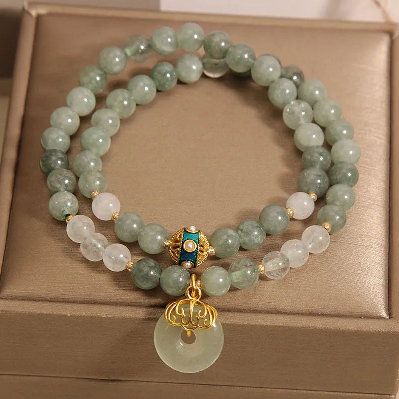 Women's green aventurine jade double-layer bracelet with crystal rhinestones and peace buckle closure