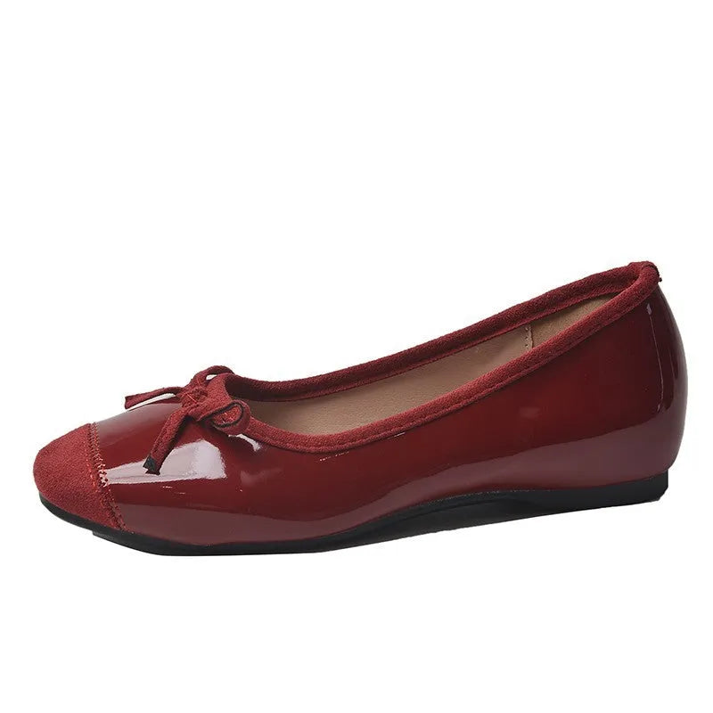 Wanwan style retro ballet flats with square toe and decorative bow in four colour options