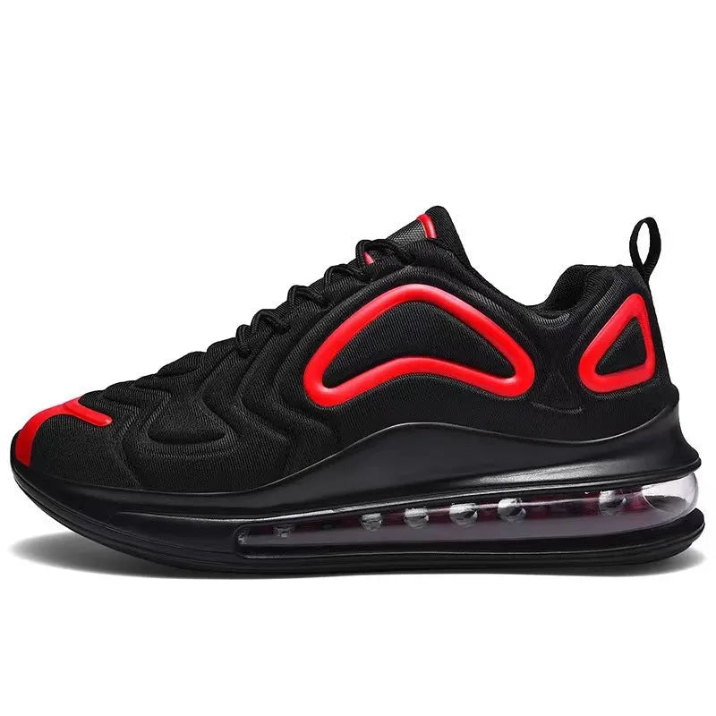 Men's black casual sneakers with artificial PU upper, thick plastic sole, and front lace-up design for outdoor sports.