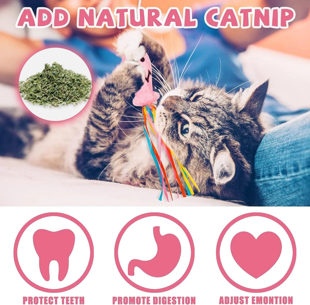 Interactive cat wand toy with colourful ribbons, catnip fish, and bell on a wooden handle