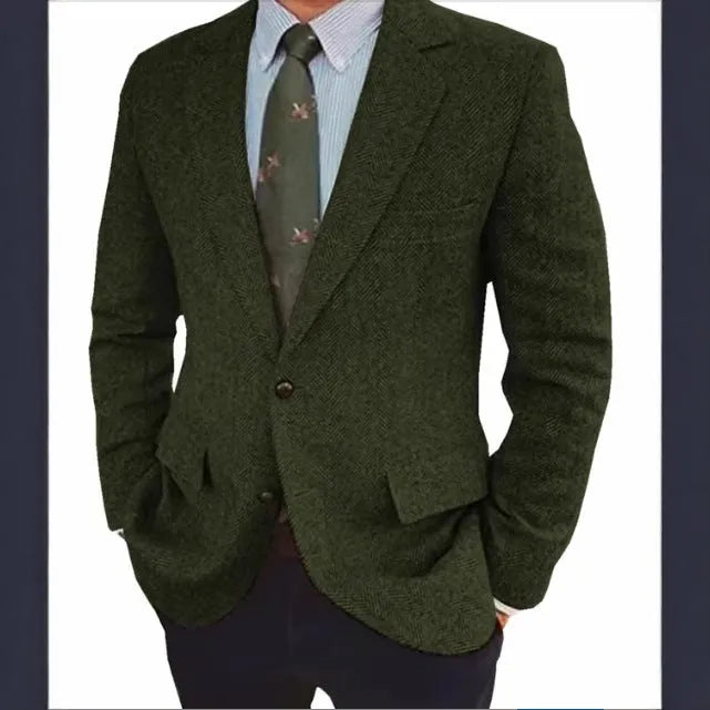 Men's brown herringbone pattern suit jacket with long sleeves and a retro business casual style.