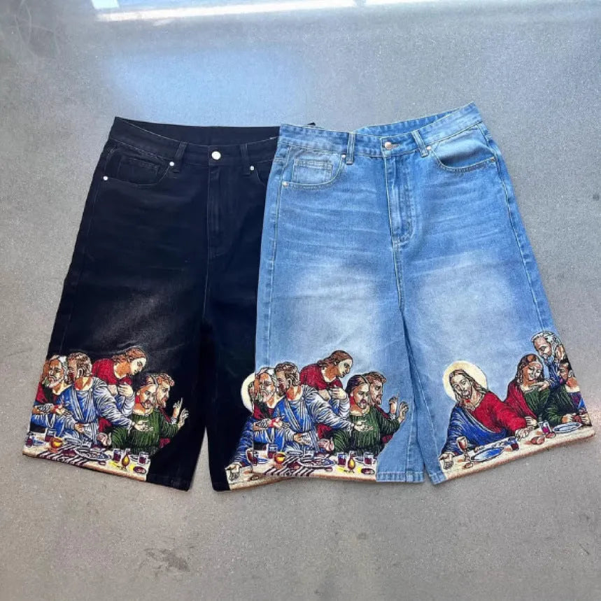 Men's blue cotton tapered shorts with Jesus printed design on back pocket