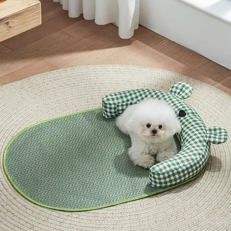 Green and yellow dog cooling mat pet bed showing four size options for small to large animals