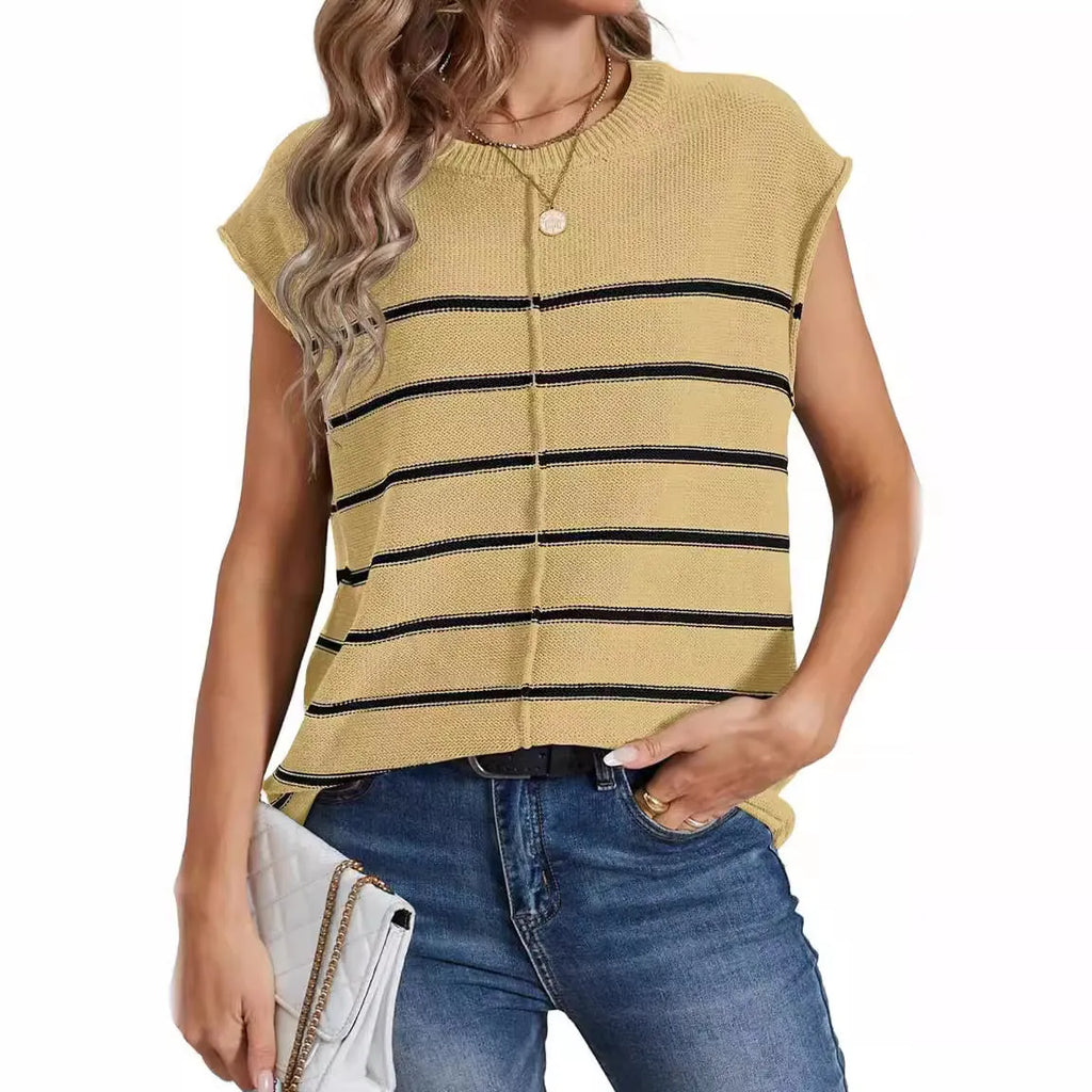 Women's striped sleeveless pullover top with bone stitch detailing in apricot colour