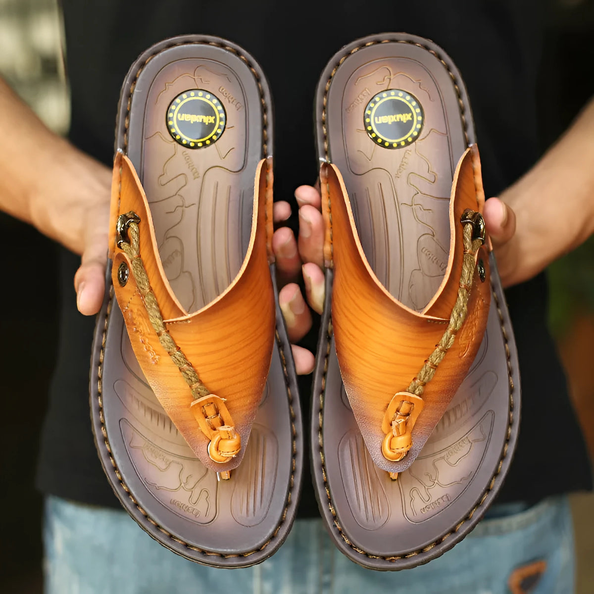 Men's plus size herringbone outdoor slippers in dark blue with a rubber sole and leather lining.
