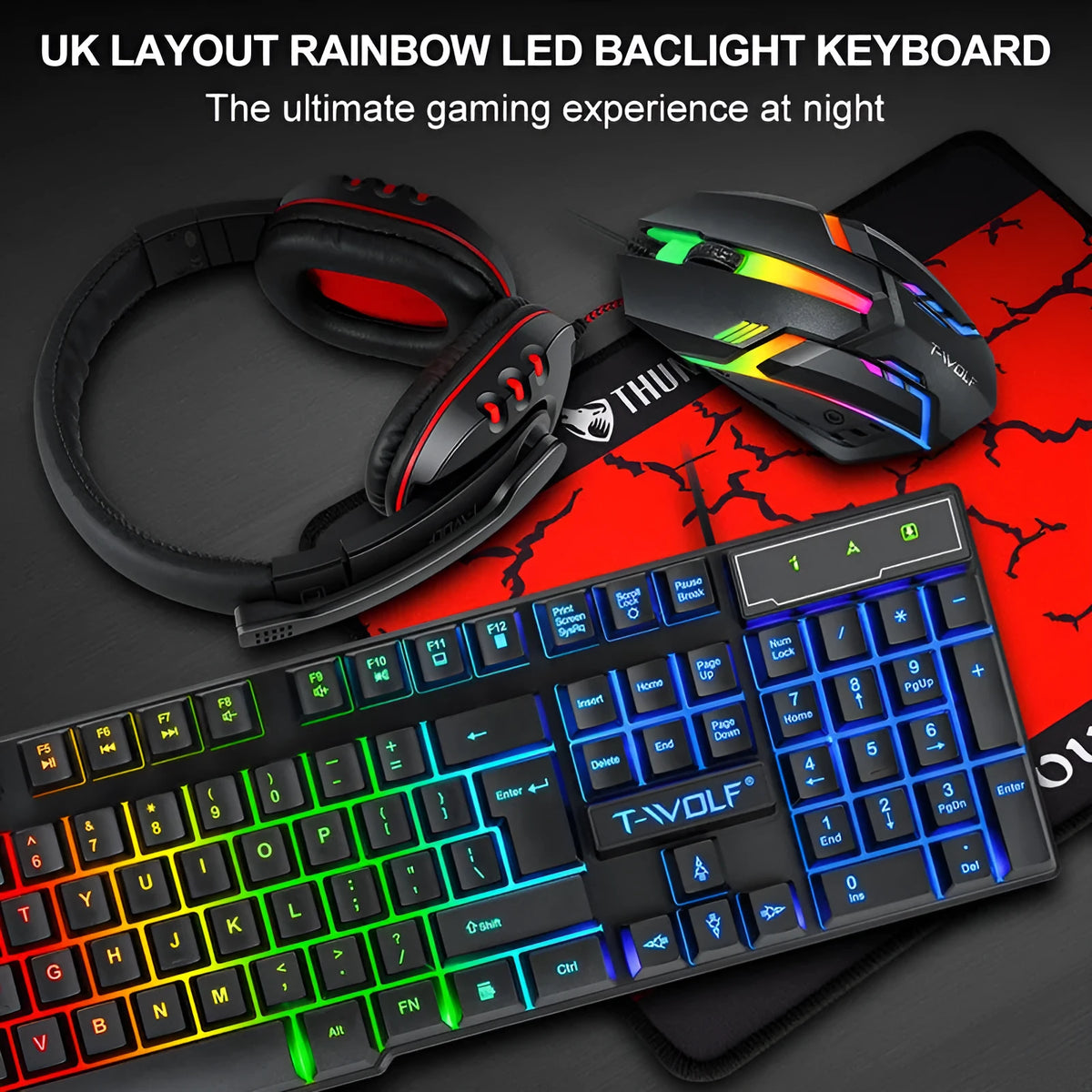 Thunder Wolf T800 four piece computer accessories set showing wired USB keyboard, mouse, headset and mouse pad