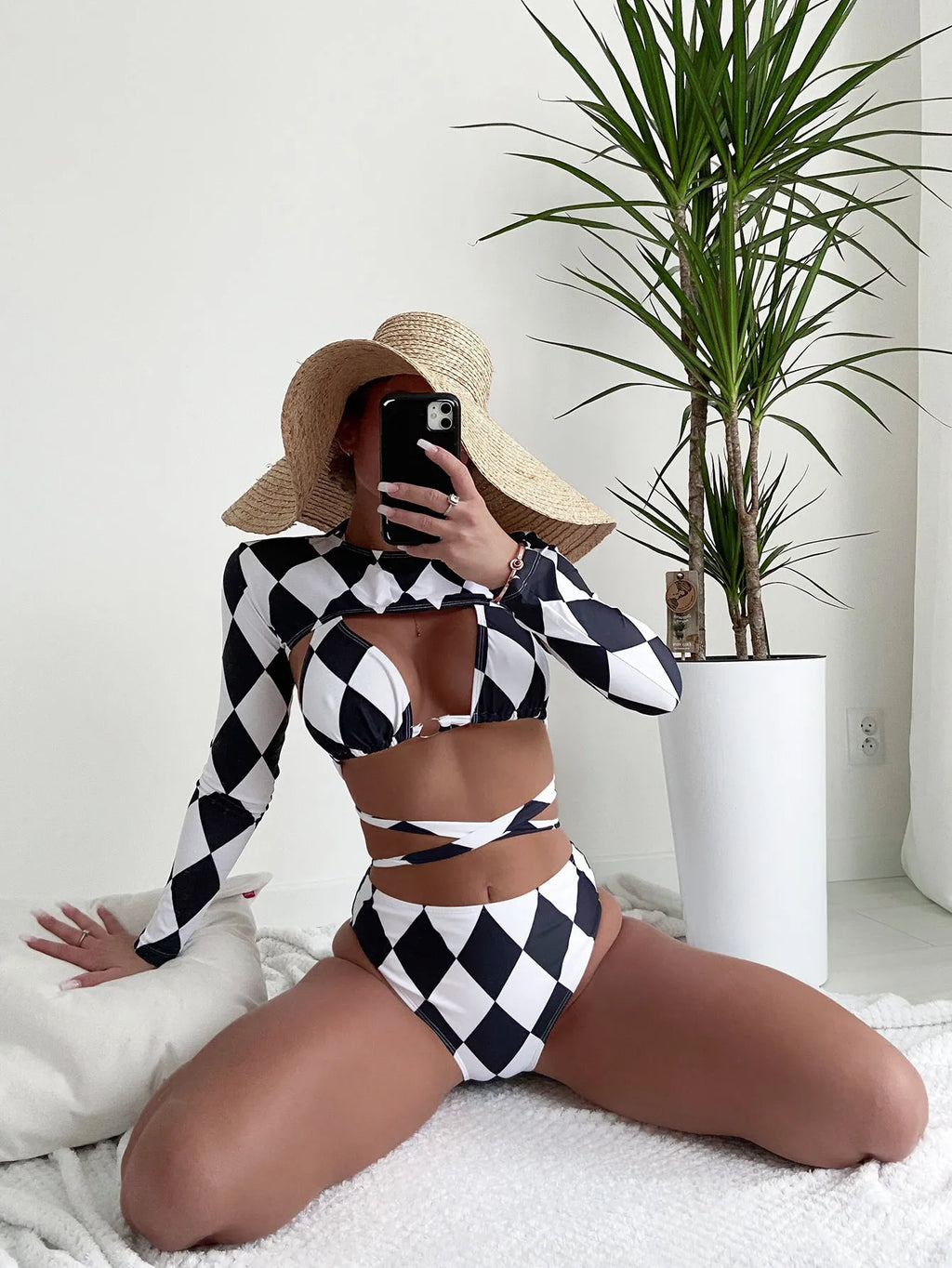 Women's three-piece long sleeve swimsuit set in plaid pattern with separate bikini components
