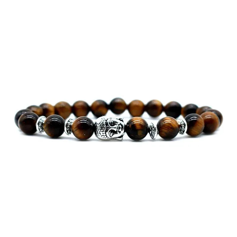 19mm Buddha head bracelet with Tiger Eye, amethyst, black agate, pink crystal, or green gold bead options