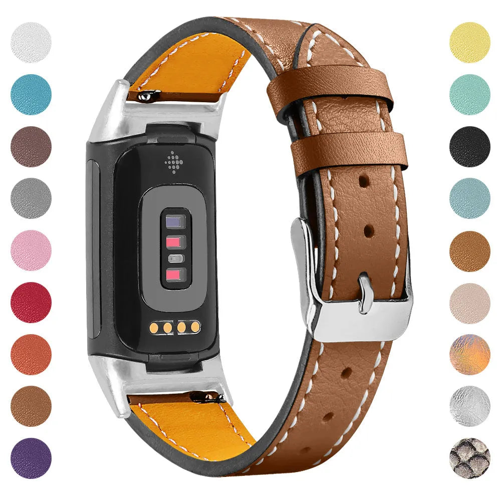 Genuine cowhide leather strap for Fitbit Charge 5 and Charge 6 smart watch in various colour options.