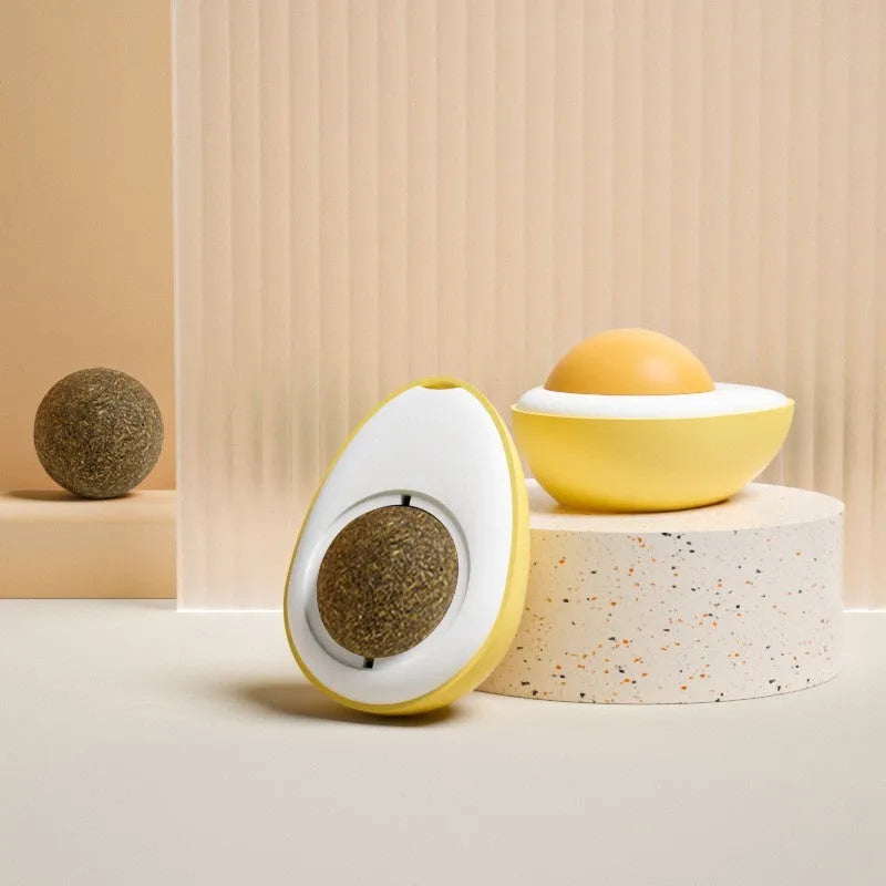Interactive catnip ball toy in fried egg and poached egg shapes with natural filling