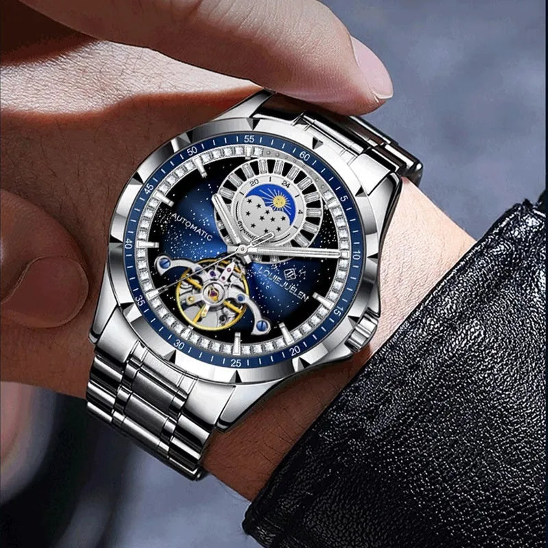 Men's silver automatic watch with blue dial and stainless steel strap