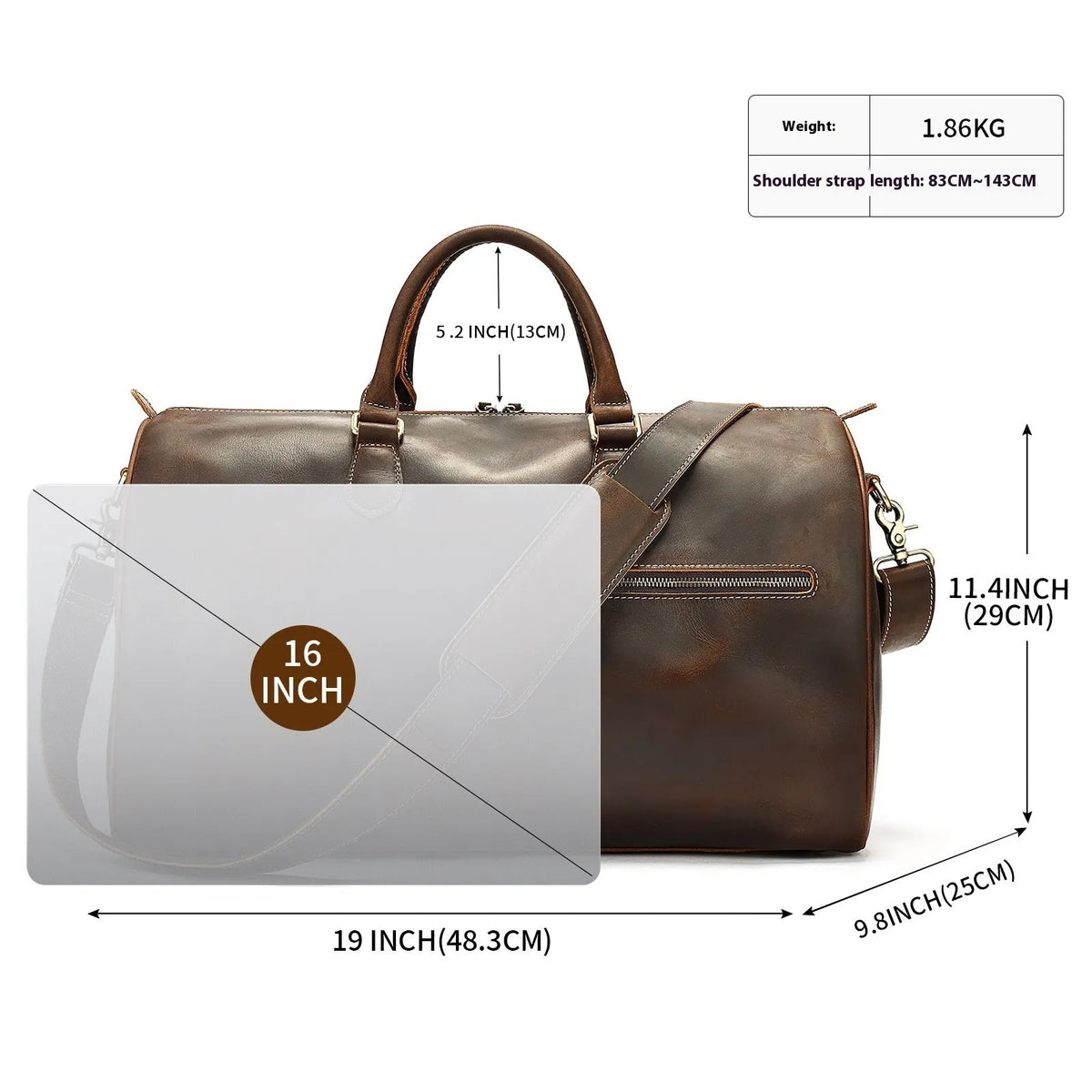 Men's genuine leather crossbody bag in brown with vintage styling and large 48.3cm width