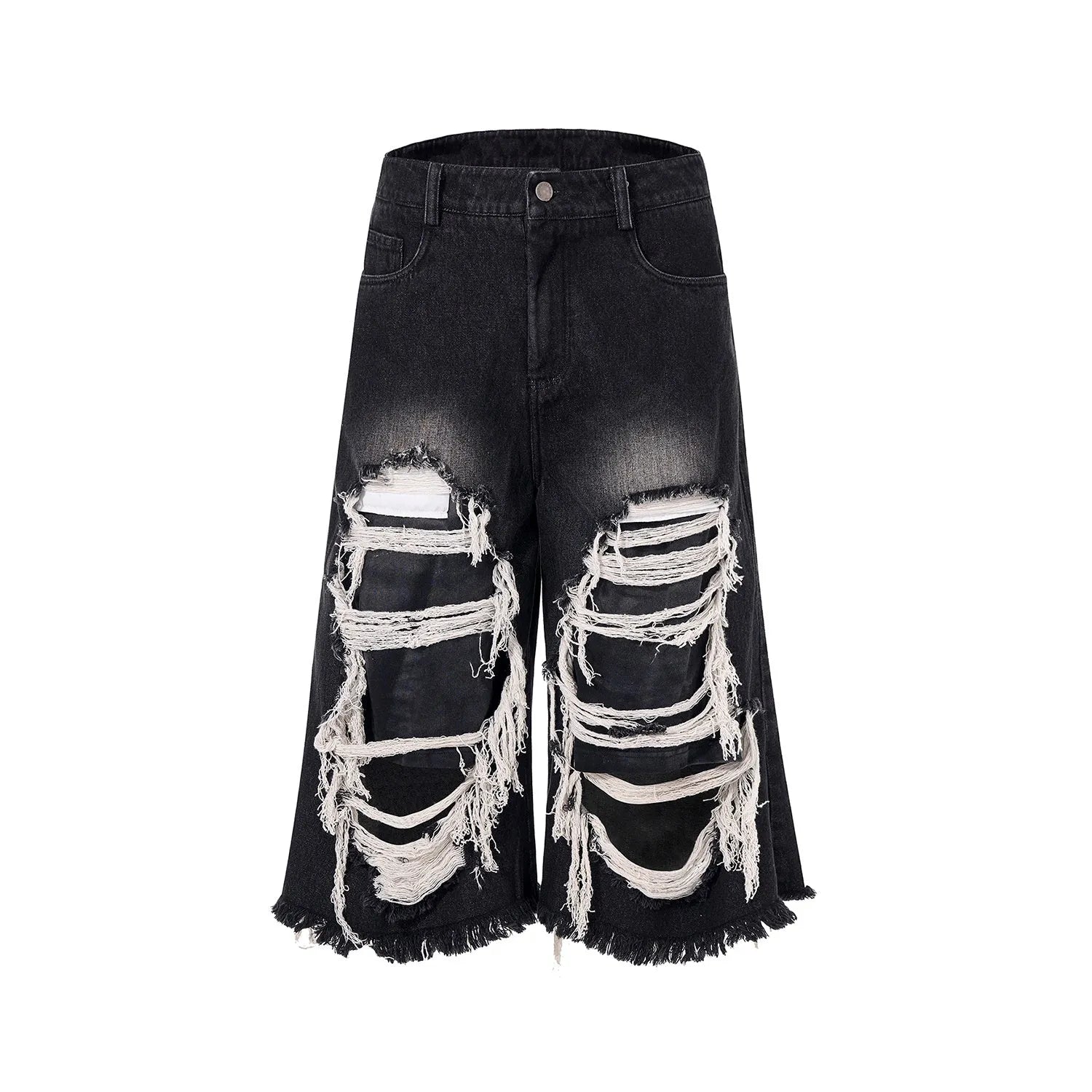 Black women's cropped wide leg jeans with ripped patch details and a mid-high waist.