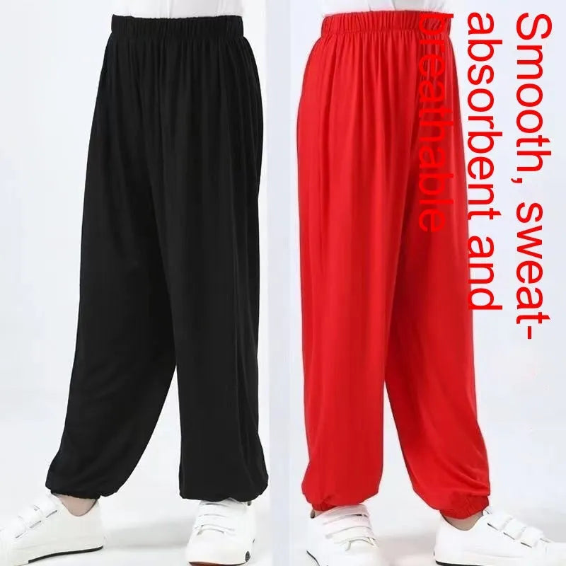 Children's black martial arts practice trousers with high elasticity for Sanda training