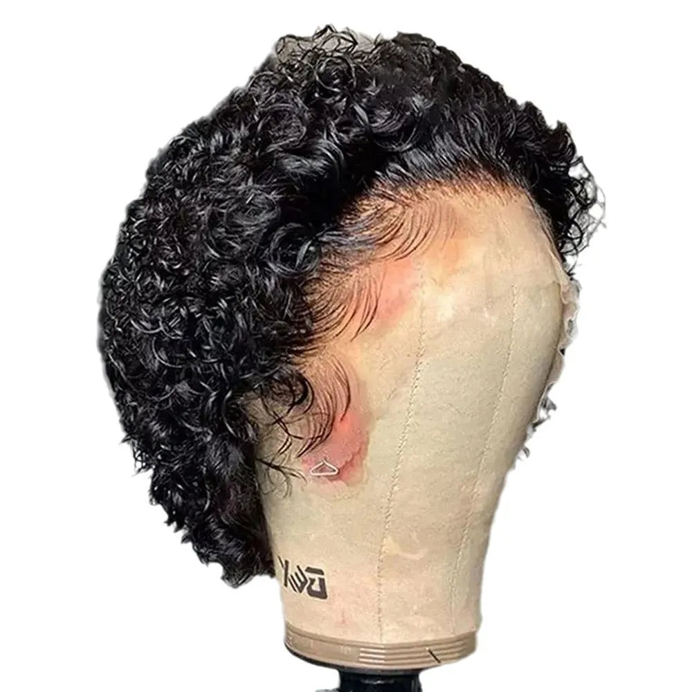Black human hair wig with lace cover in pixie cut style, 13x1 colour