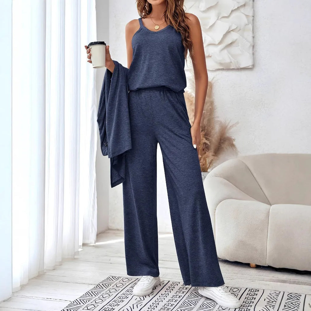 Women's blue three-piece casual suit with sling top, cardigan and trousers