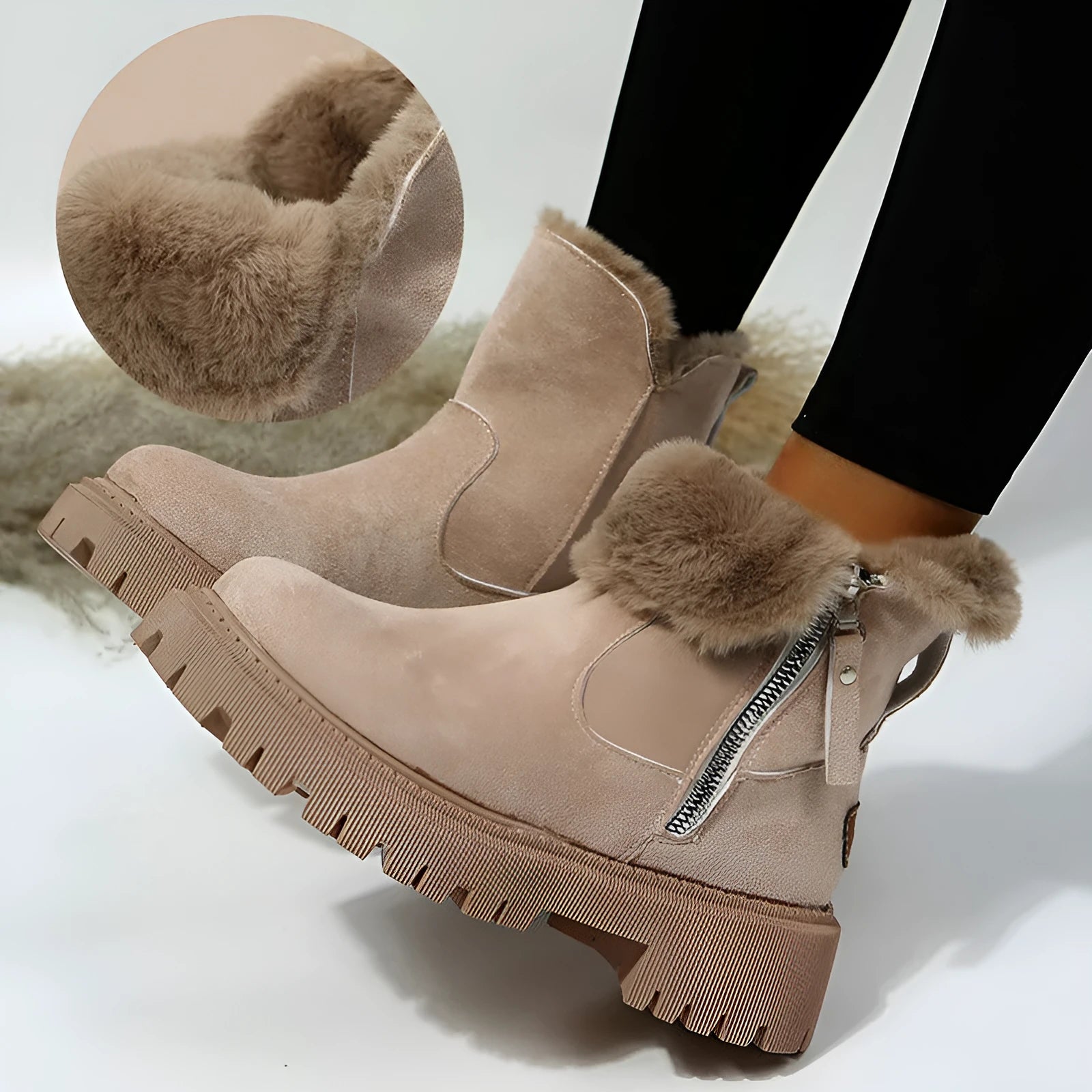 Women's black high-top faux suede snow boot with side zipper and non-slip sole.