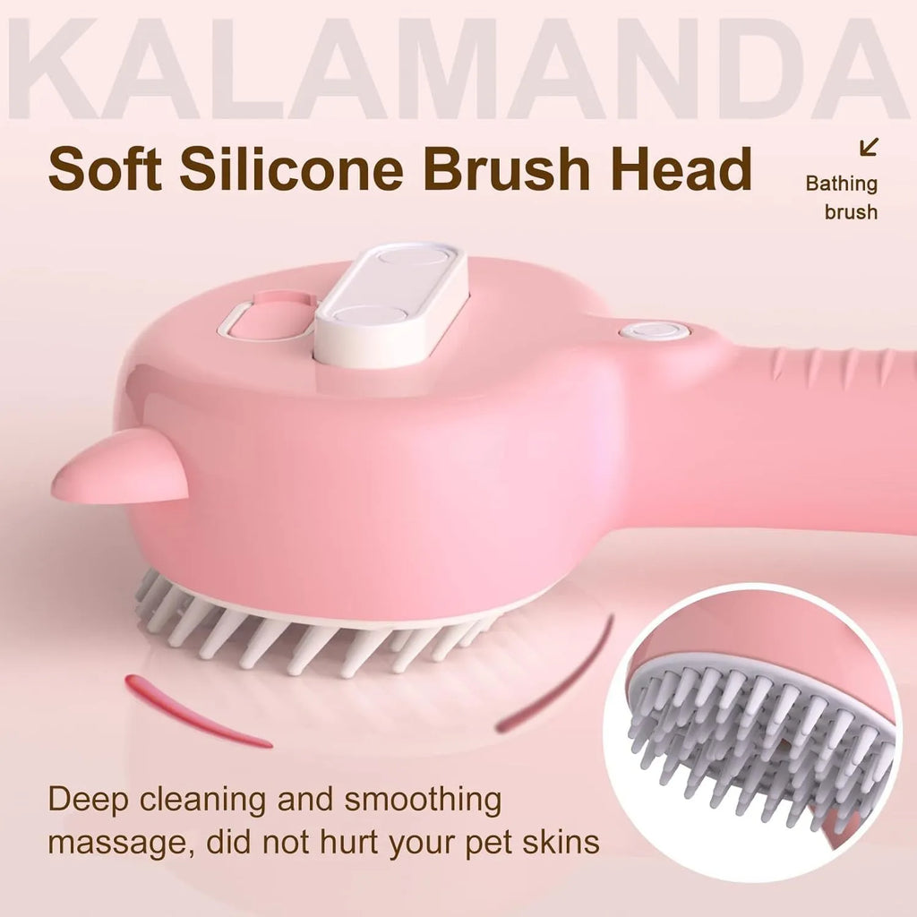 Blue cat steam brush with ergonomic handle and soft rubber bristles for pet grooming
