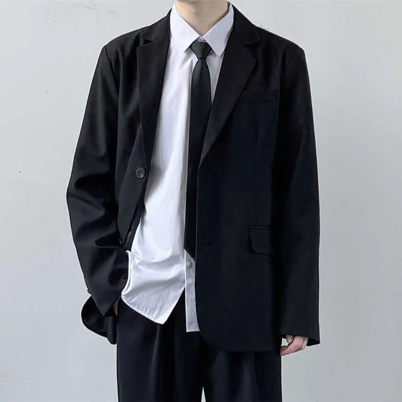 Men's plus size college style suit set including jacket, trousers, white shirt and tie in loose fit design