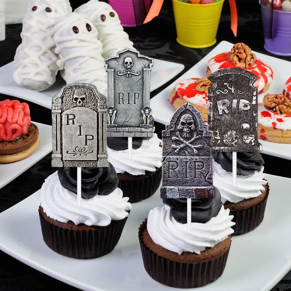 Halloween cake decoration flags, 12 paper tombstone-style small flags in Style 1 and Style 2