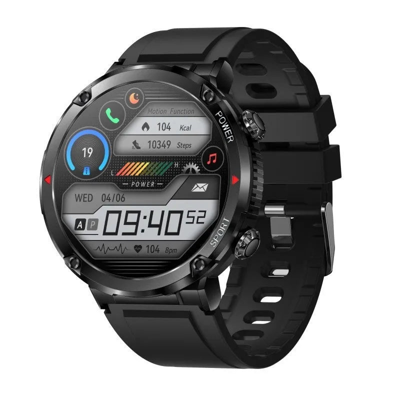 T30 smart watch with a black silicone strap on a wrist, showing a home screen with time and health metrics.