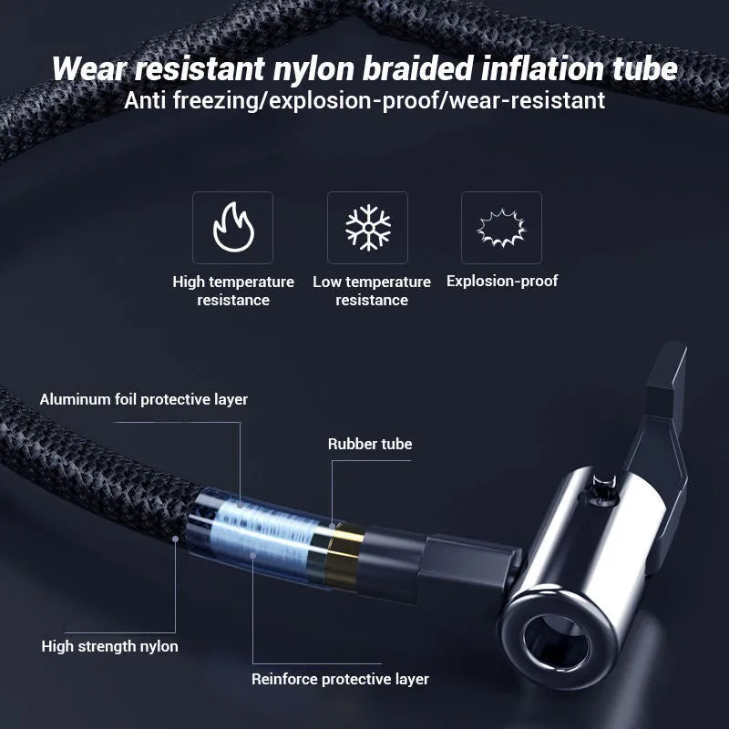 Wireless digital display air pump with hose and nozzles on a flannelette bag