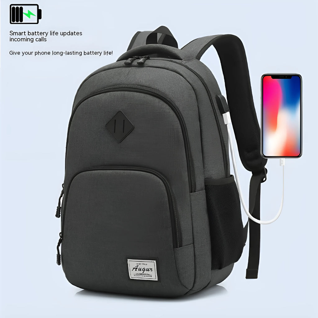 Grey lightweight USB charging backpack with trolley straps and thickened nylon fabric.