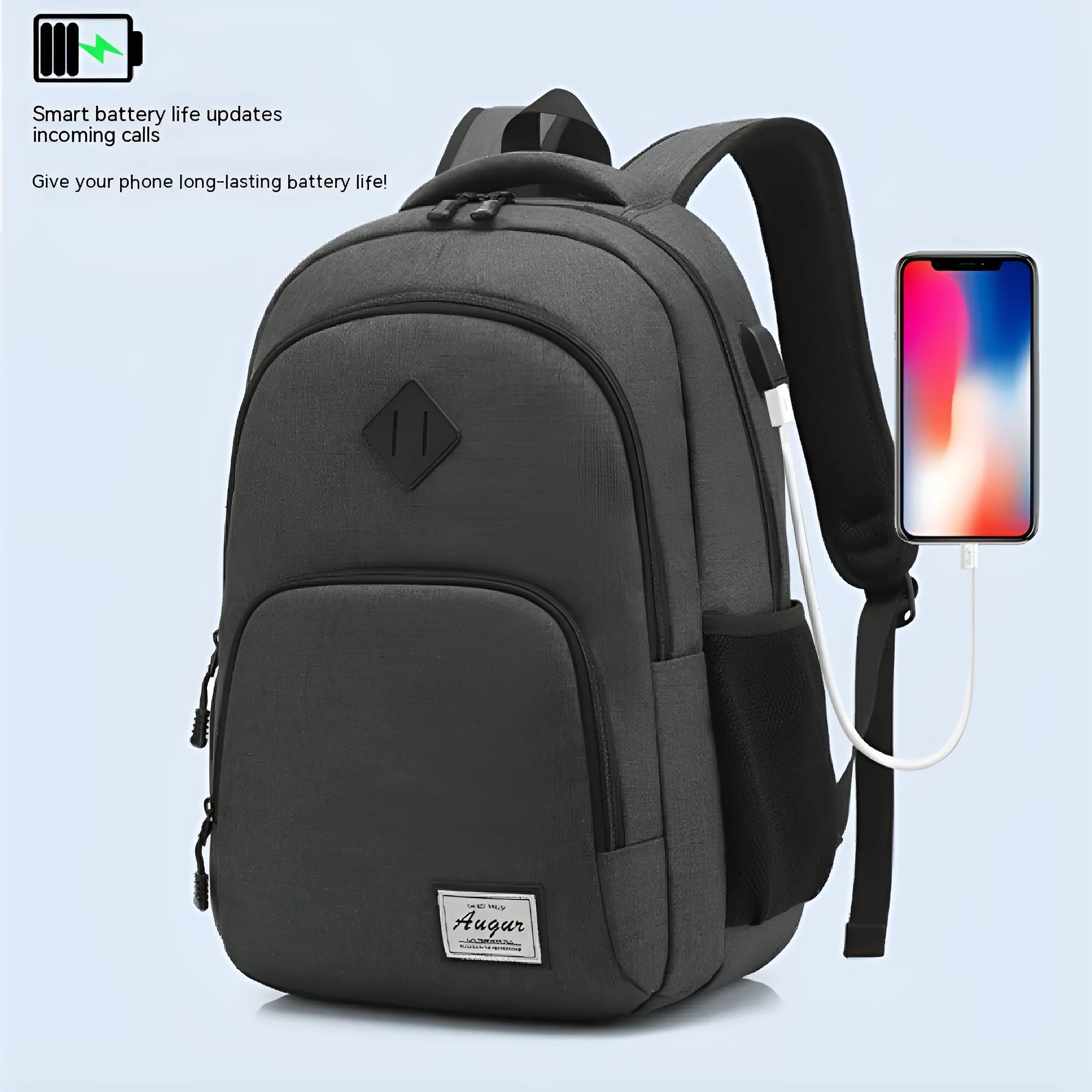 Grey lightweight USB charging backpack with trolley straps and thickened nylon fabric.