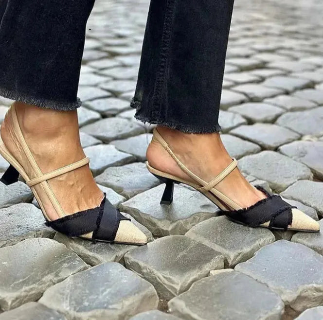Women's pointed toe stiletto sandals with colour block design, buckle fastening, and 6-8cm heel in apricot and black
