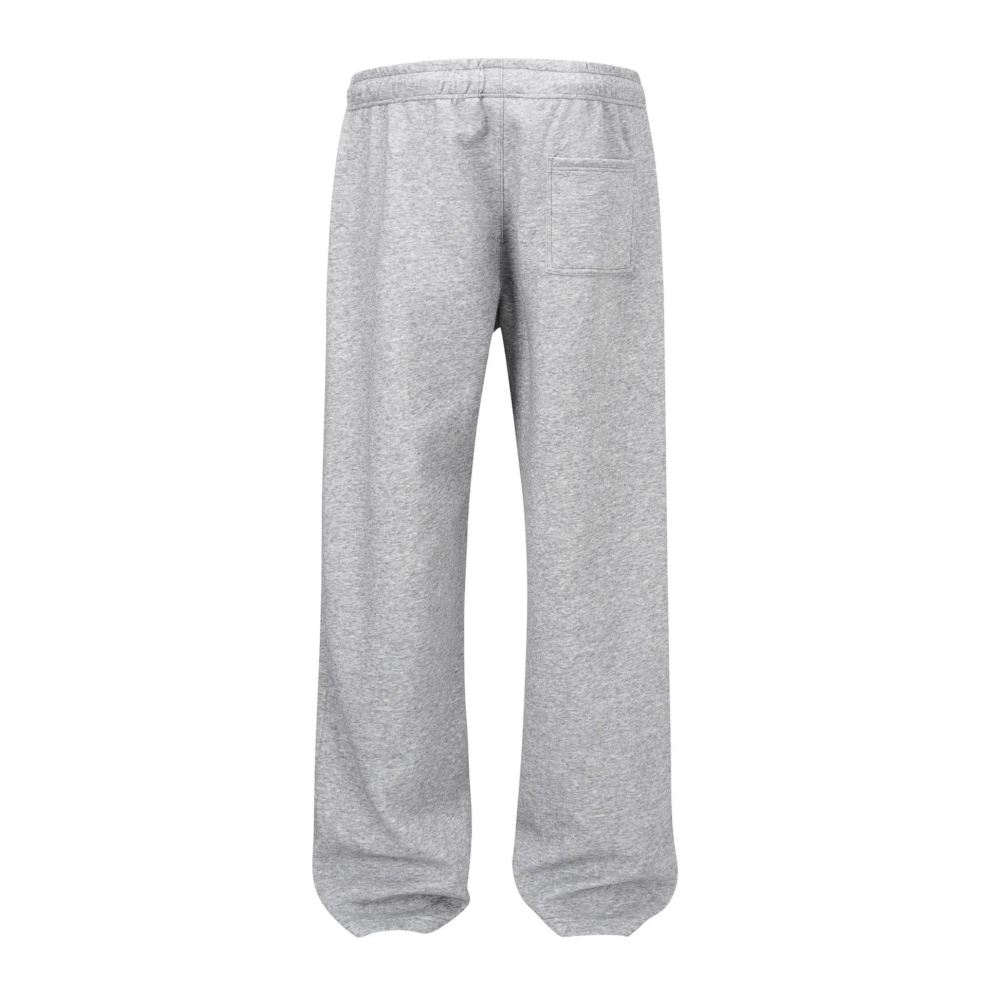 Men's straight-leg cotton casual trousers in grey and black, laid flat showing mid-rise waist and straight leg cut.