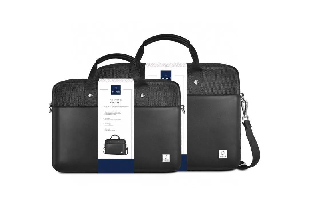 Black Oxford cloth laptop backpack showing multiple organisational pockets and a separate padded computer compartment.