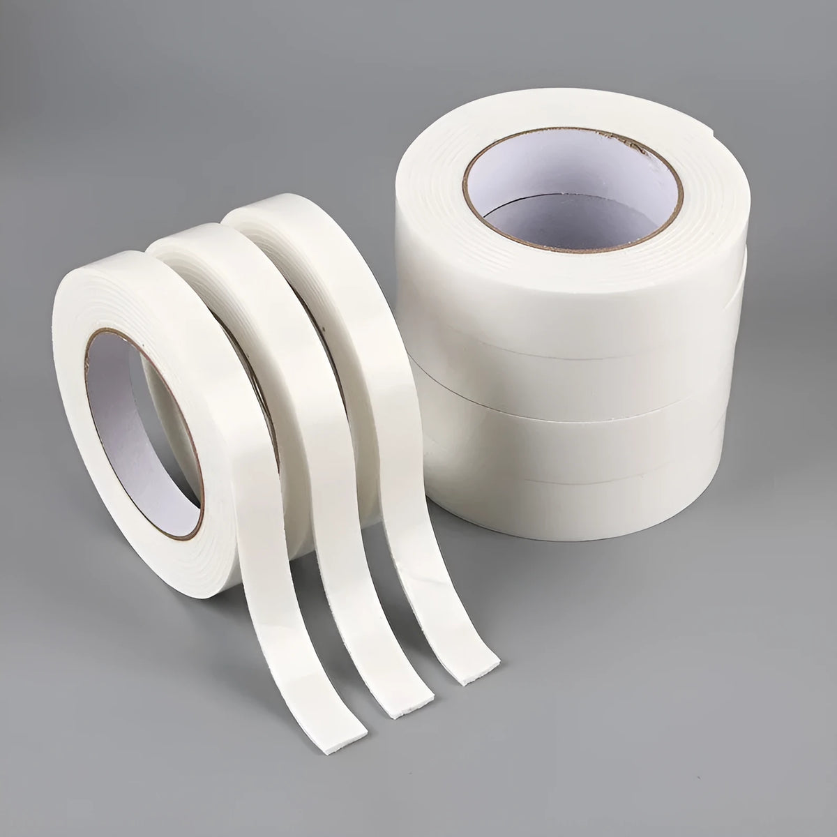Foam double-sided adhesive tape 3mm thick with BOPP base, shown in 15mm, 18mm and 30mm width options