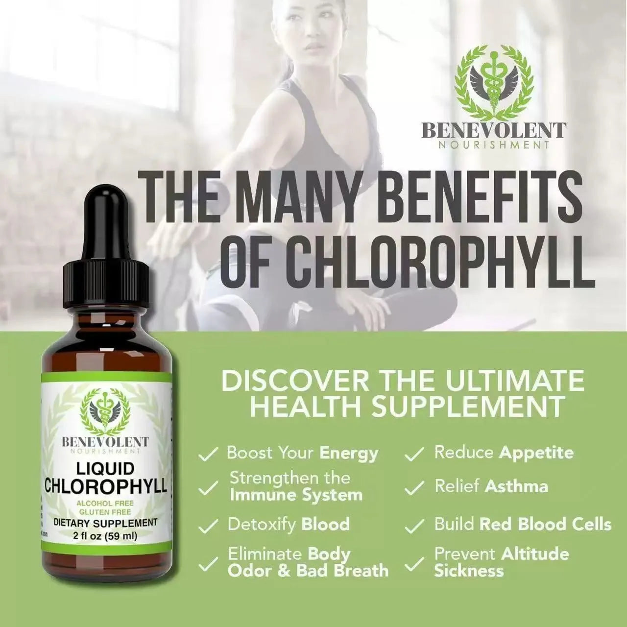 60 ml bottle of mint chlorophyll drops with a dropper for adult dietary supplement use