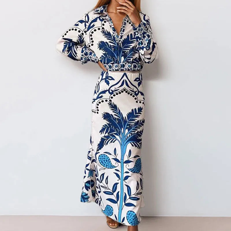 Women's long sleeve top and long skirt casual set in spring colour