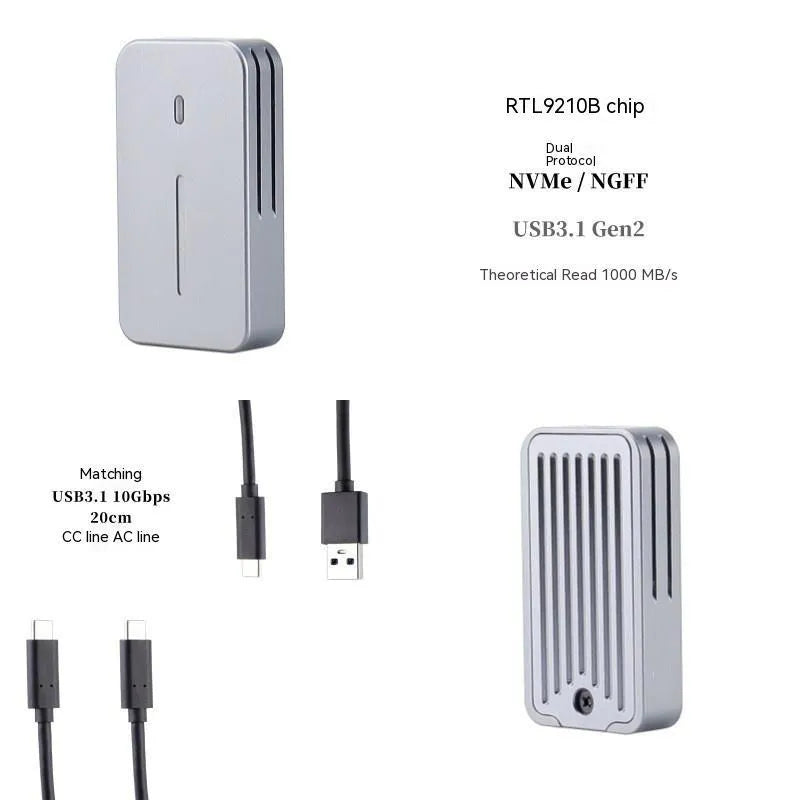 Aluminium alloy M.2 NVMe/NGFF SSD enclosure with dual protocol support and heat dissipation design