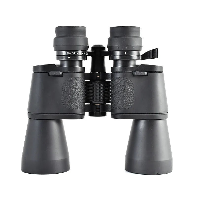 Black outdoor telescope binoculars with large 100mm objective lenses and continuous zoom control.