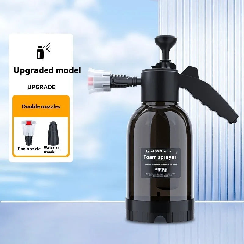 Black 2L plastic foam watering can sprayer with pump handle and two nozzles for car washing and gardening.