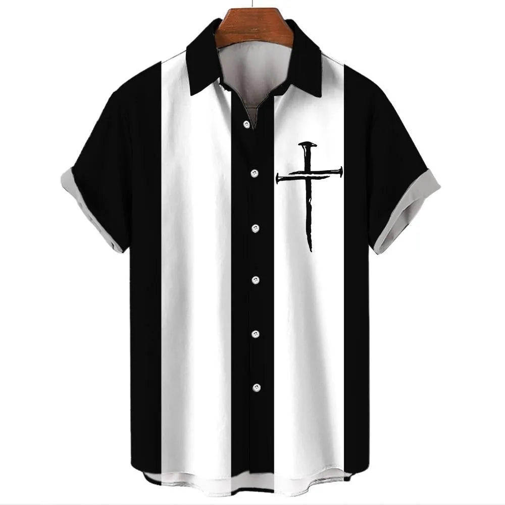 Men's striped Hawaiian casual shirt in polyester with button front and short sleeves