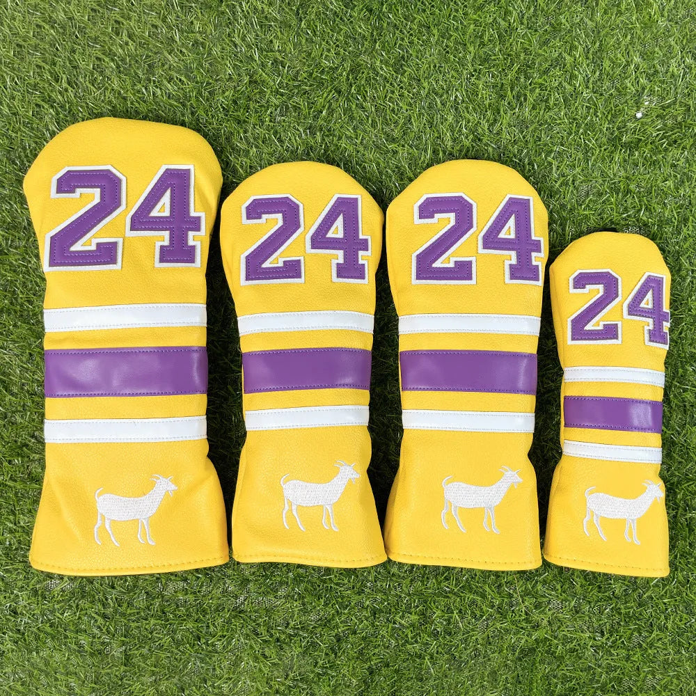 Yellow Ram golf headcover set with four wooden pole covers and square putter sleeve