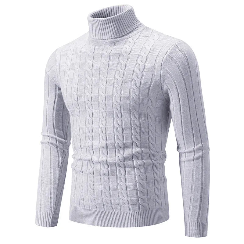 Man wearing a milky white slim fit chenille turtleneck pullover