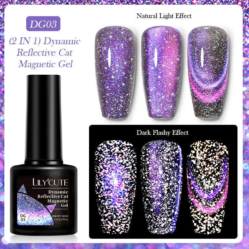 Six bottles of Diamond In The Debris Cat Eye Series UV gel nail polish in colours 01, 02, 03, 04, 05, and 06 with glitter.